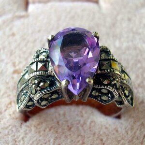Vintage Judith Jack Cocktail Ring * Amethyst Ring; Sterling Silver - Marcasite